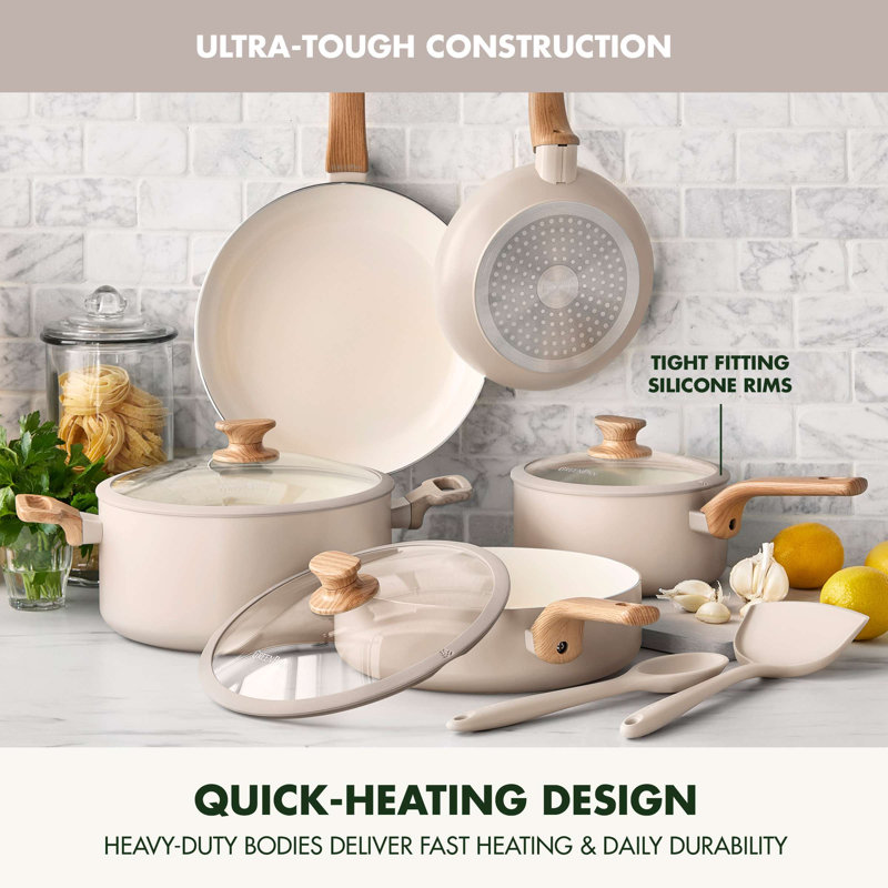 GreenPan Rio Essence Wood 10 Piece Cookware Set, Healthy Ceramic Nonstick, PFOA & PFAS-Free Coating, Tan