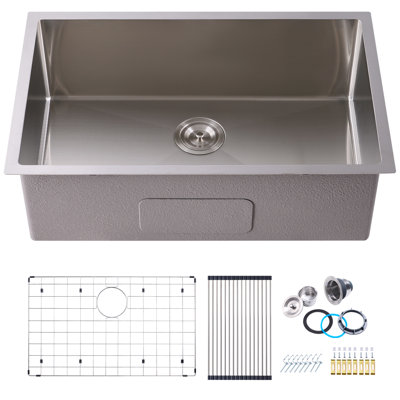 Évier de cuisine 30 po à cuve simple encastrée / encastrable en acier inoxydable 304 de calibre 16 avec accessoires