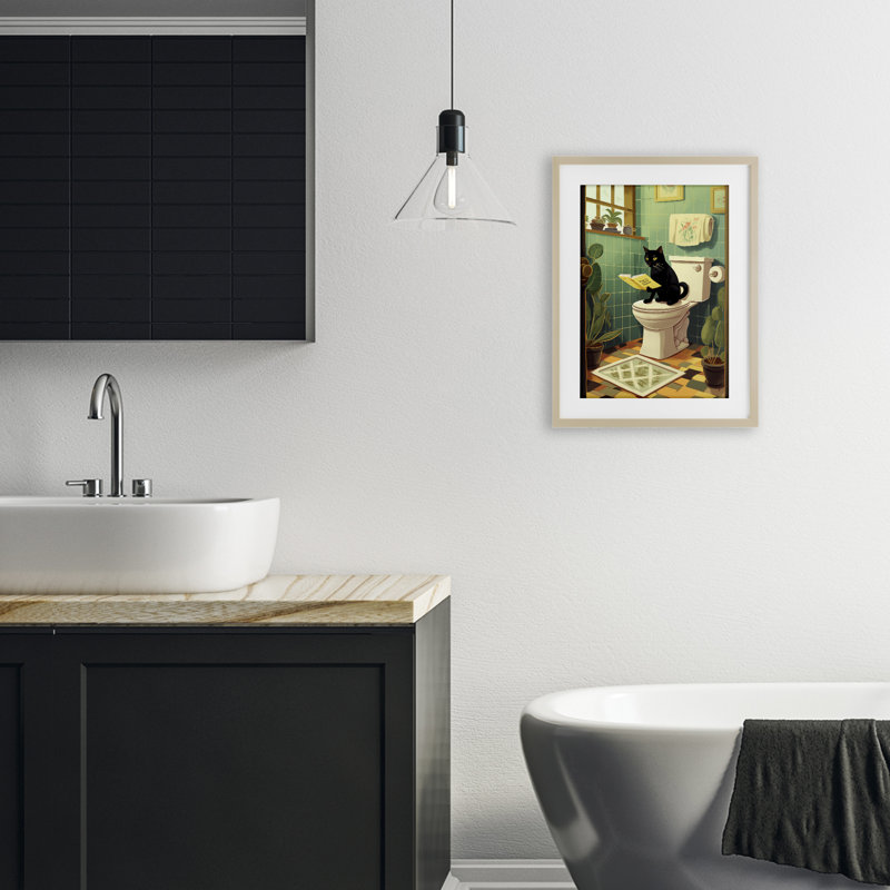 Chat lisant sur une toilette, reproduction encadrée sous verre, design par Andreas Magnusson, Cadre de récolte en pin