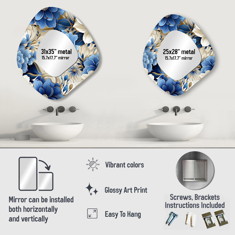 Blue And White Flowers Harmony I - Floral Asymmetrical Decorative Wall Mirror, Blue Unique Shape Large Mirror, Printed Metal Art