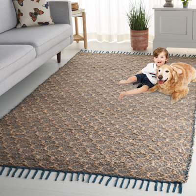 Tapis bleu marine / brun clair en coton tissé à la main Lanston