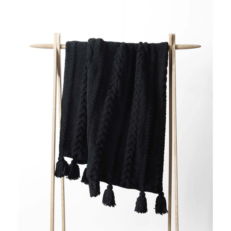 Braided Pom Throw Blanket, Black