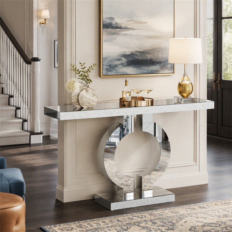 Console miroir de 109 cm (43 po), table d'appoint argentée moderne avec base en forme de O, Silver