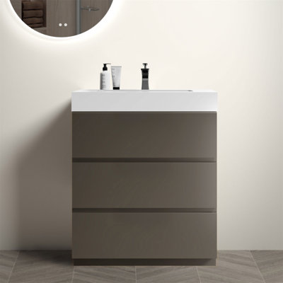Meuble-lavabo 30 po gris avec grand rangement, lavabo une pièce blanc, conception moderne autoportante