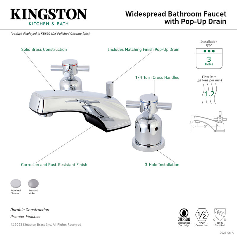 Kingston Brass Concord Two-Handle 3-Hole Deck Mount Widespread Bathroom Faucet with Retail Pop-Up Drain, Polished Chrome