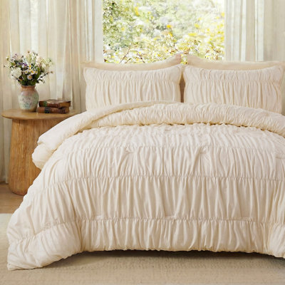 100% Cotton Ruched Duvet Cover Set King Size, Elegant Ivory Shabby Chic Bedding, Luxurious Textured Ruffled Comforter Cover with Zipper Closure & 8 Corner Ties, 3 Piece Set