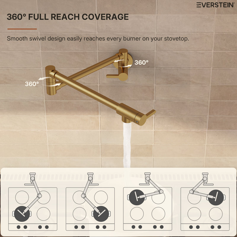 Modern Pot Filler Faucet, 2-Handle Wall Mount Kitchen Faucet for Stove, Brushed Gold