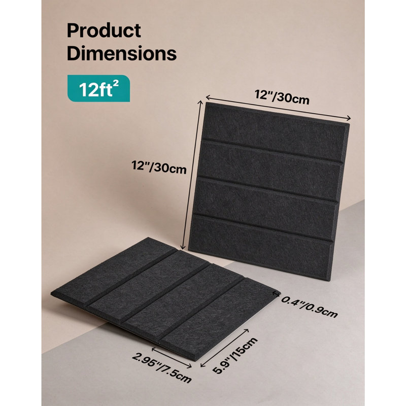 12 Pack Self-Adhesive Acoustic Wall Panels, 100% Polyester Sound Proofing Panels, 150kg/m鲁 Density, 30 x 30 x 0.9cm, 11.6 sq.ft Coverage, Sound Absorbing Panels for Recording Studio, Home Cinema & Office