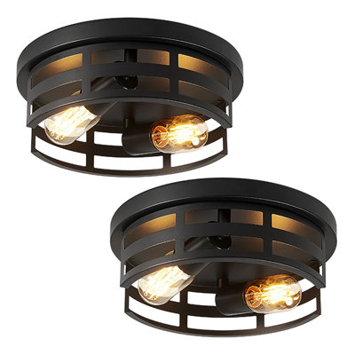 Black 2-light Flush Mount Ceiling Light, Industrial Farmhouse Ceiling Lighting Fixture, Anti-rust Metal E26 Dimmable Lamp For Hallway Kitchen Bathroom Entryway