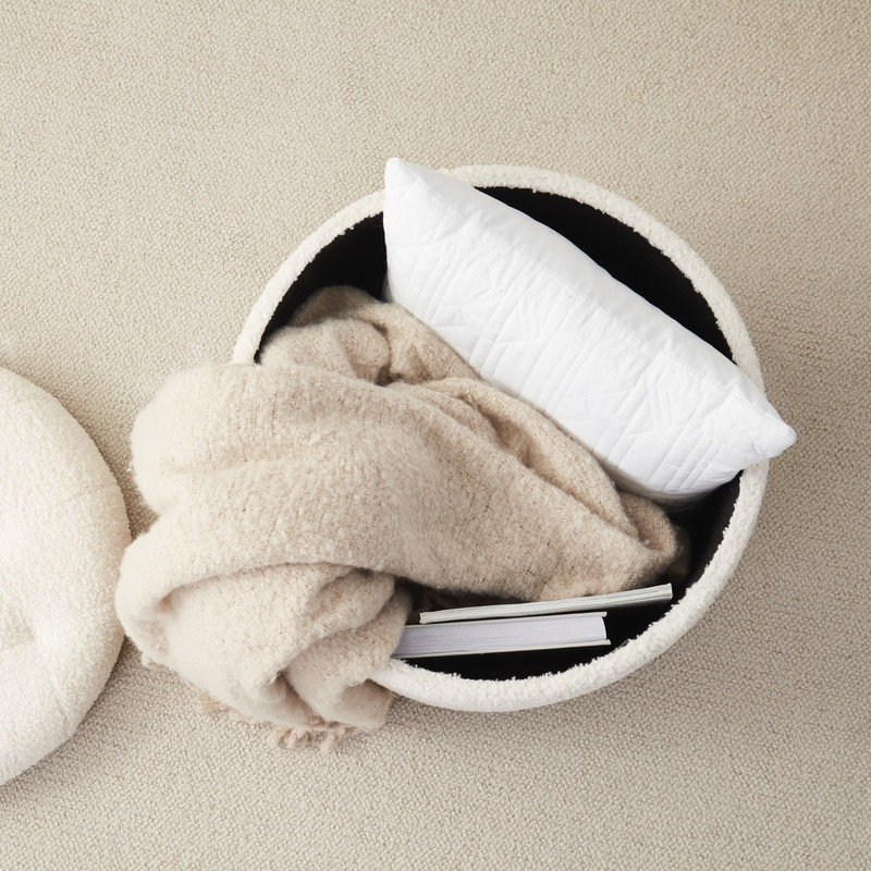 Round Boucle White Storage Ottoman
