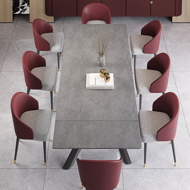 102'' Extendable Dining Table Set With Sintered Stone Dining Table And 8 Faux Leather Dining Chairs, Gray, Red/Gray