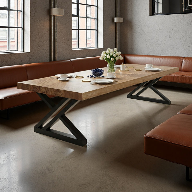 Modern industrial style solid wood lounge discussion table, 29.53" H x 78.74" L x 35.43" W