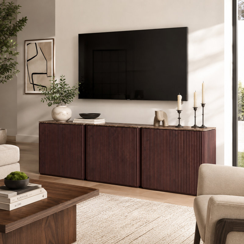 Buffet 103 po à 3 côtés avec panneaux épais de 2 po et dessus en faux marbre, meuble télé 2 portes avec rangement Buffet