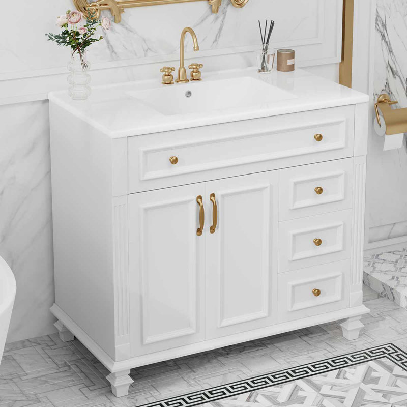 Meuble-lavabo 36 po avec lavabo en céramique et 4 tiroirs, Blanc / laiton
