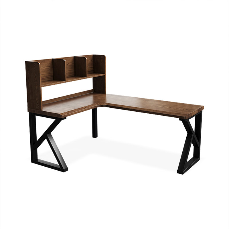 Nut-brown+Black L-Shaped Solid Wood+Iron desk, 53.15" H x 62.99" W x 47.24" D, Left Hand Return