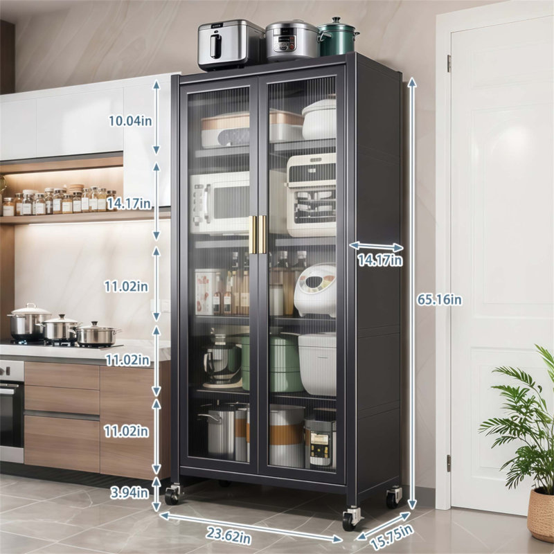 Armoire de rangement pour garde-manger de 65 pouces avec portes transparentes, tablettes réglables et roulettes pour une utilisation multifonctionnelle dans diverses pièces