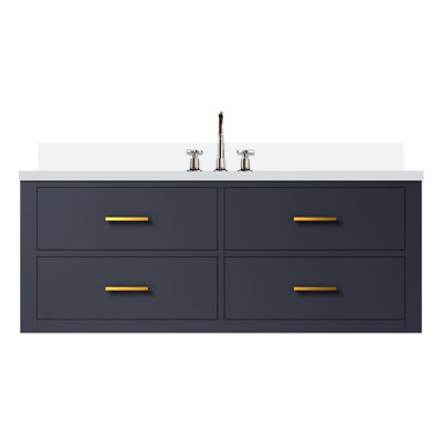 Meuble-lavabo bleu l 48 po x P 22 po, comptoir en quartz blanc, robinet, fermeture en douceur, bois massif et formation 48 po Dessus, objet célèbre