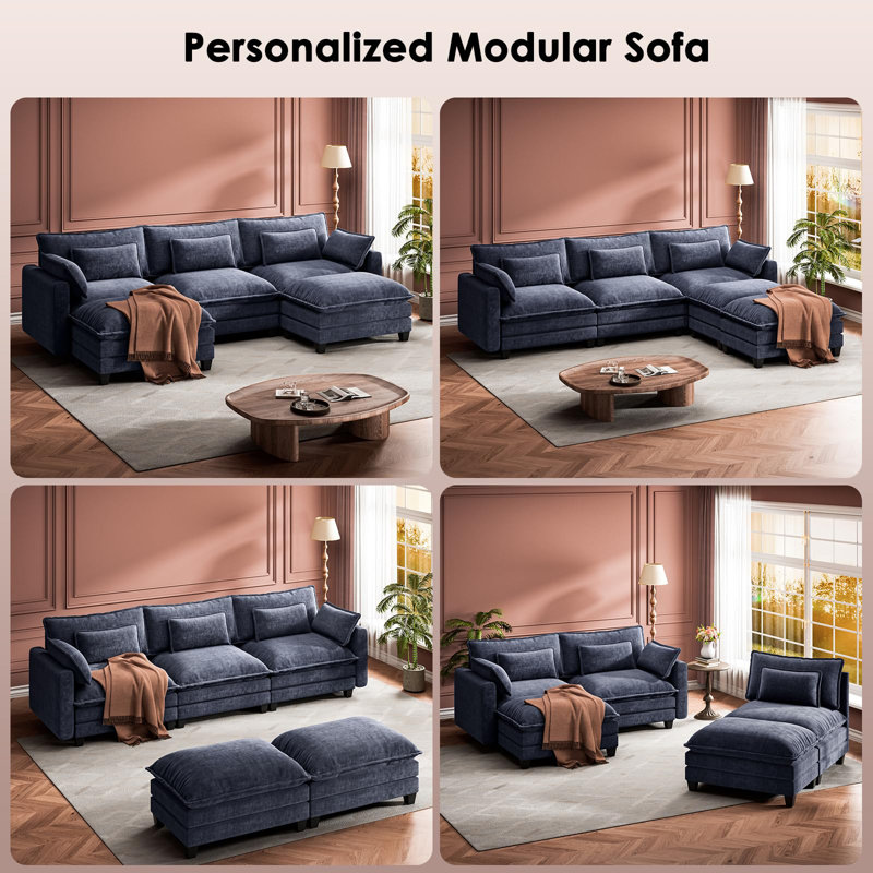 Canapé modulaire en chenille surélevé en forme de U de 111 po avec 2 repose-pieds mobiles en forme de U et 111 po avec 5 coussins pour le salon, bleu
