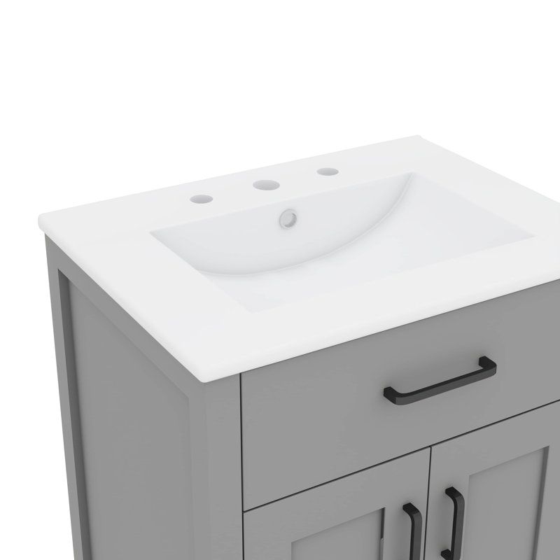 Meuble-lavabo de 24 po avec lavabo, armoire de salle de bain en bois massif avec tiroir basculant, supports de rangement, porte à fermeture en douceur et tablettes réglables