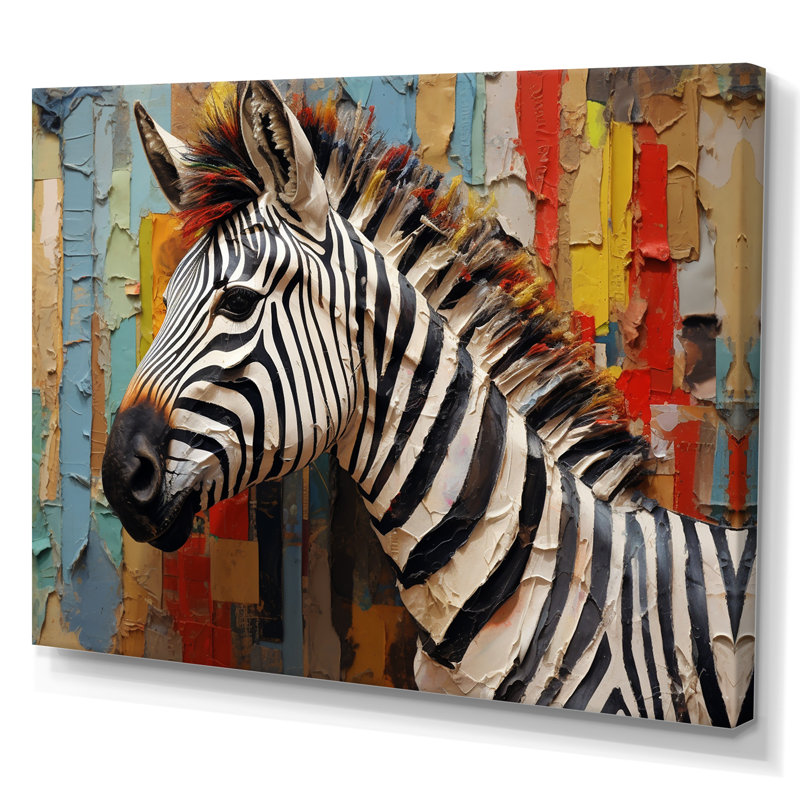 Collage zébré rétro I - art mural zèbre, H 30 po x l 40 po x P 1,5 po