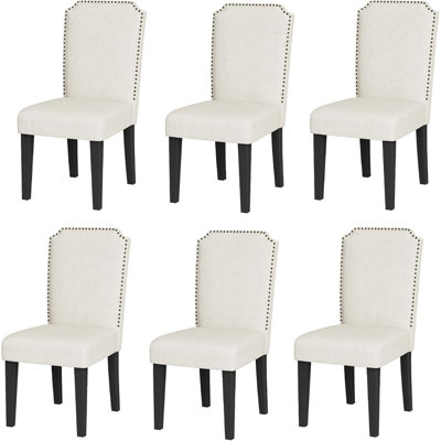 Ensemble de 6 chaises de salle à manger rembourrées avec structure en bois et pieds en bois d'hévéa. Garniture cloutée. Tissu en lin de coton d'une capacité de 500 lb pour la salle à manger. Cuisine. Restaurant
