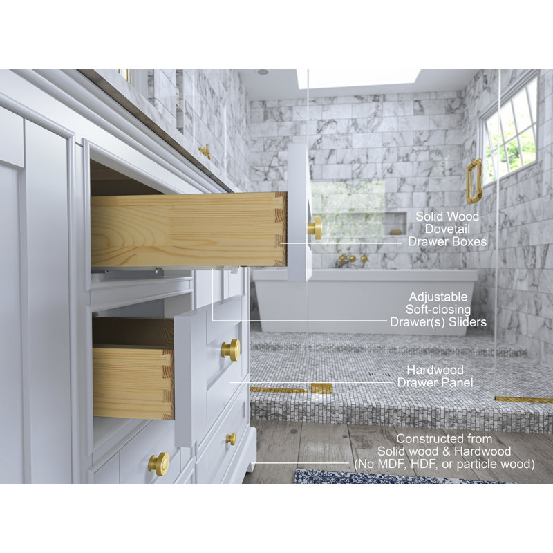 Audrey 60'' W Double Vanity, White, Carrara White, Gold