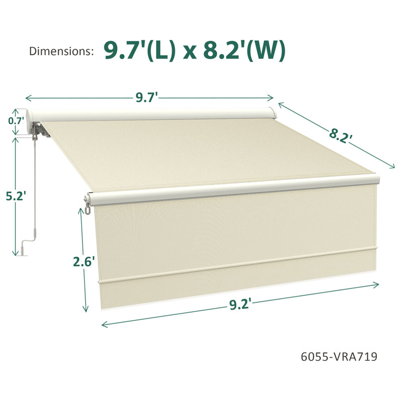 Retractable Patio Awning with Valance, Aluminum Frame, Polyester, Beige, 10' x 8'