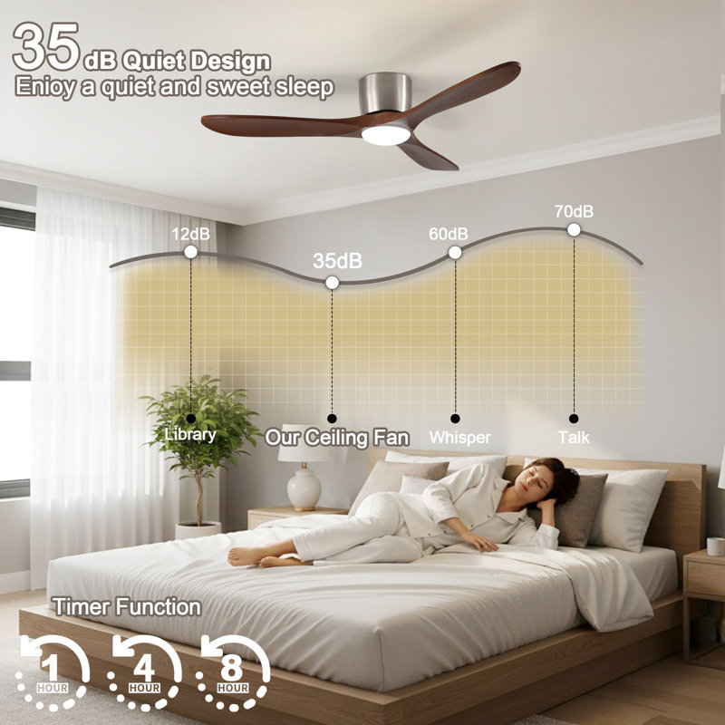 Ventilateur de plafond encastré de 52 po à pales en bois massif avec lumière et télécommande