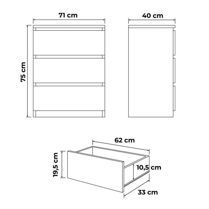 3 - Drawer Chest of Drawers, Clear