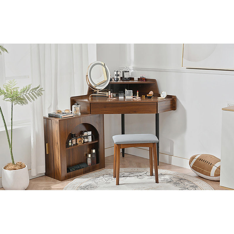 Meuble-lavabo de coin avec miroir et lumières DEL, Noyer