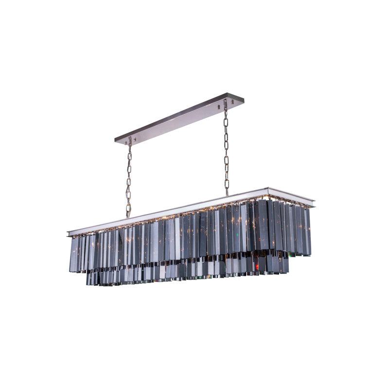 Lustre rectangulaire en cristal 12 lumières Yazmin, Ombrage argent (gris), Nickel poli