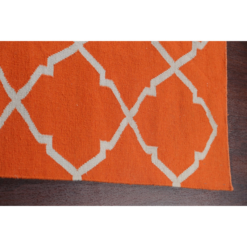 Tapis orange / ivoire en laine tissé à plat à la main à motif géométrique, Rectangle 5 pi x 8 pi