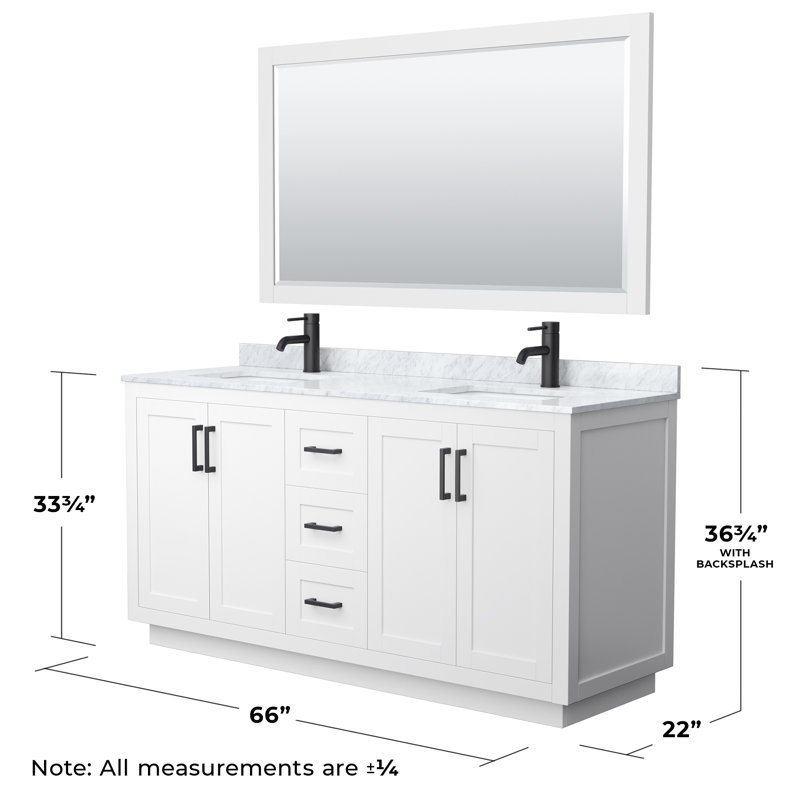 Ensemble de meuble-lavabo double autoportant 66 po avec plateau en marbre Miranda, Noir mat, Blanc