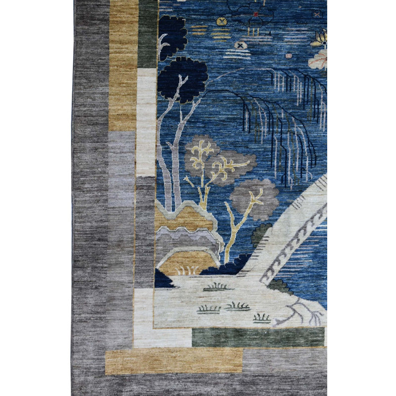 Tapis bleu rectangulaire unique unique de 9 pi 3 po x 11 pi 10 po New Turkmen