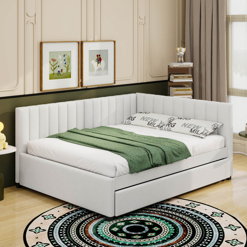 Lit de jour rembourré de grande taille avec lit gigogne encastré, Beige