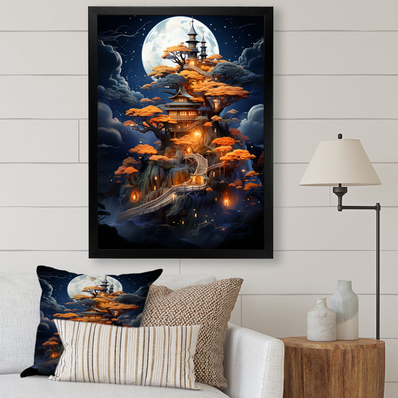 «Moonlight Castle Tree House Dream», art mural Chine, H 20 po x l 12 po x P 1 po, Cadre simple noir