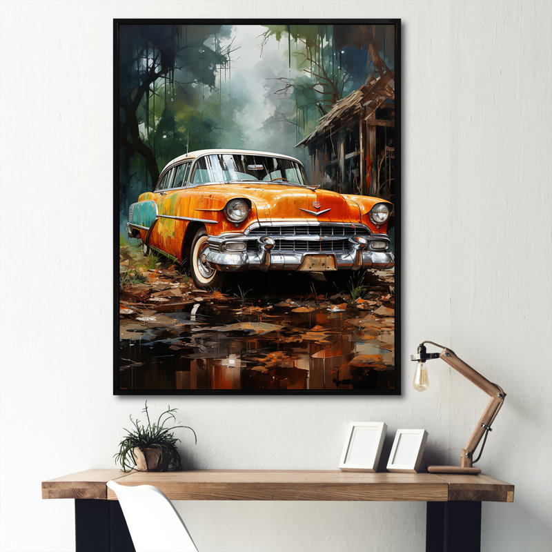 Charme de voiture symbolique rétro sur toile, Cadre flottant noir, H 32 po x l 16 po x P 1 po