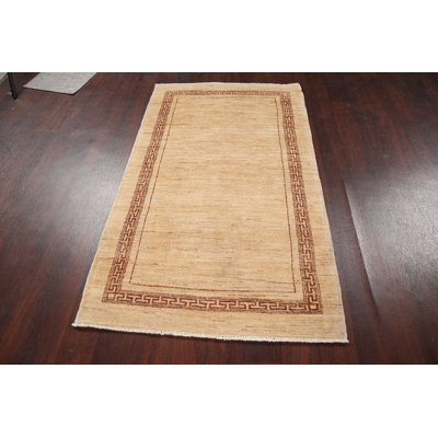 Tapis beige en laine noué à la main de conception unique 3 pi 2 po x 5 pi 5 po New Age