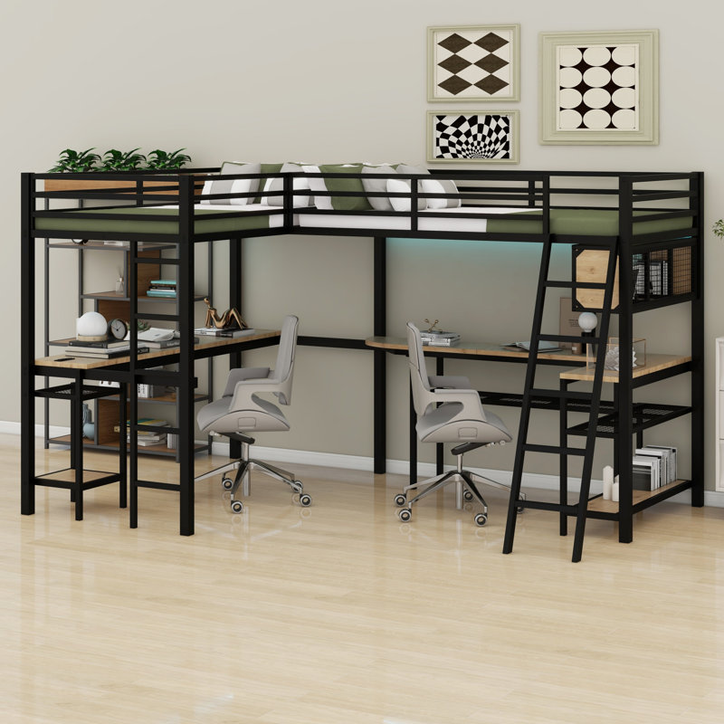 Metal Loft Bed with LED Lighting, Dual Desks, Storage Shelves & 2 Charging Stations
