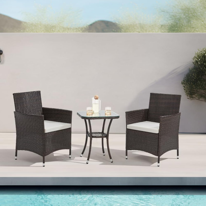 Lark Manor Sunray Outdoor Rattan Garden Bistro 3 Piece Set with Cushions Glass Top Table, Brown