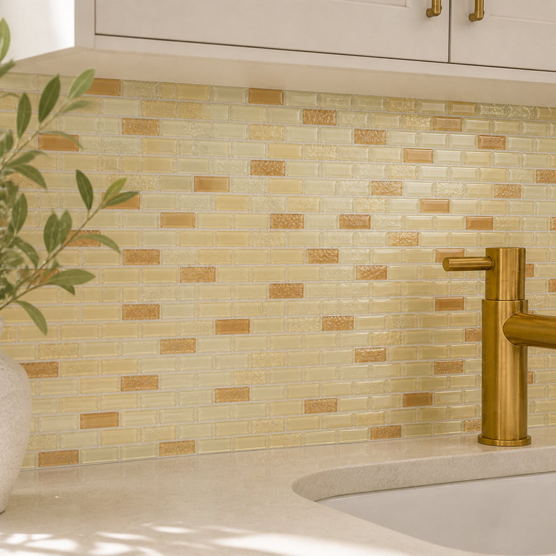 Carreau de mosaïque murale en brique de verre Rainbow Crystile 1 po x 2 po, Beige / Rose