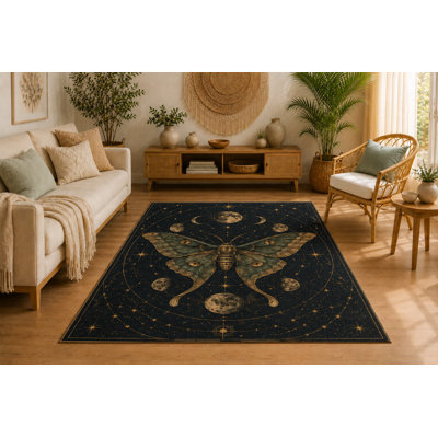 "Ultra Lightweight" 5'x7' Celestial Luna Moth Area Rug, Moon Phase Astrology Design, Soft Low Pile Rug with Non-Slip Silicone Backing for Living Room, Bedroom, Office