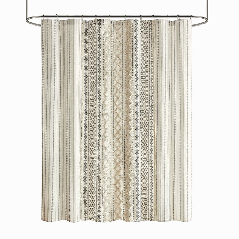 Cotton Printed Shower Curtain With Chenille, Ivory