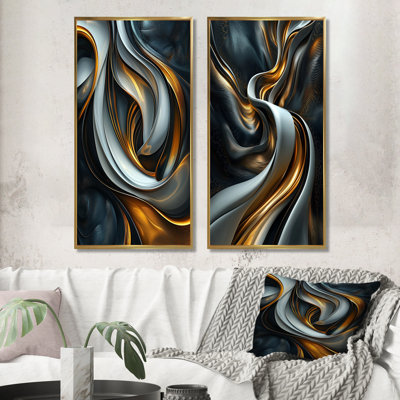 Tourbillon abstrait en tons de noir et d'or I - ensemble de 2 peintures murales abstraites