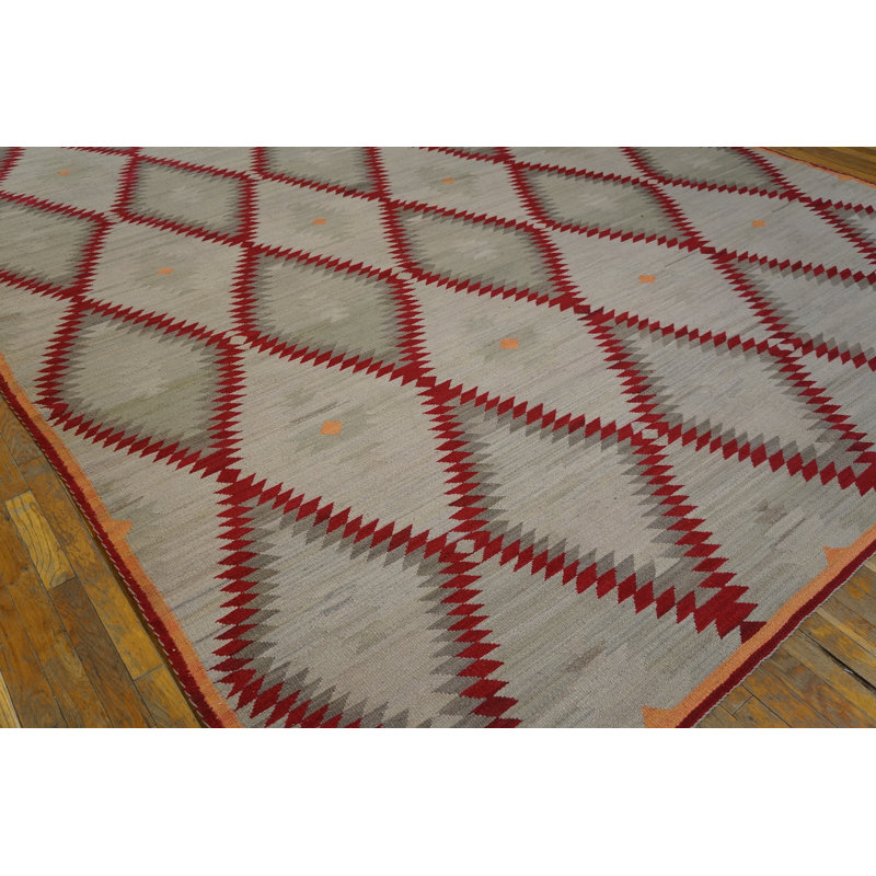Tapis rouge / gris en laine noué à la main de conception unique 8 pi x 10 pi