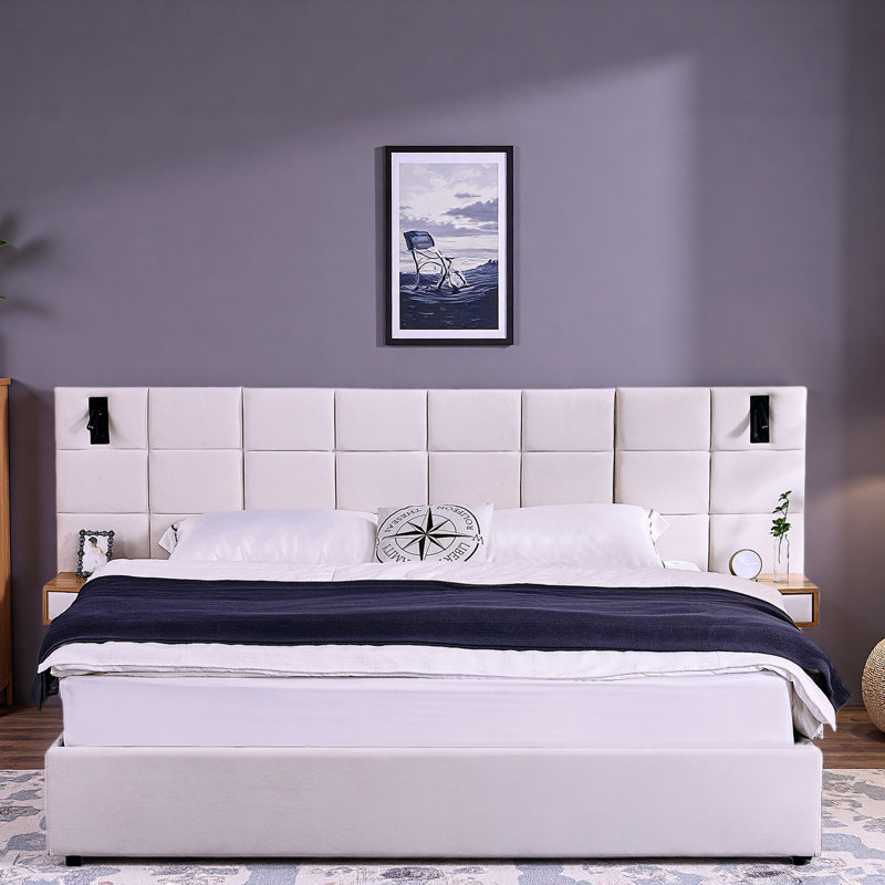 Lit plateforme tapissier hydraulique en velours avec 2 tablettes, 2 lampes de lecture et port USB, Beige