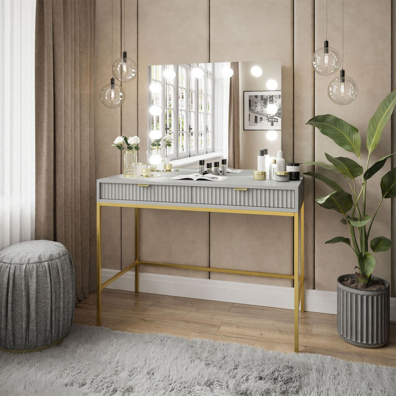 Anges Dressing Table with Mirror, Gray Matt/Gold