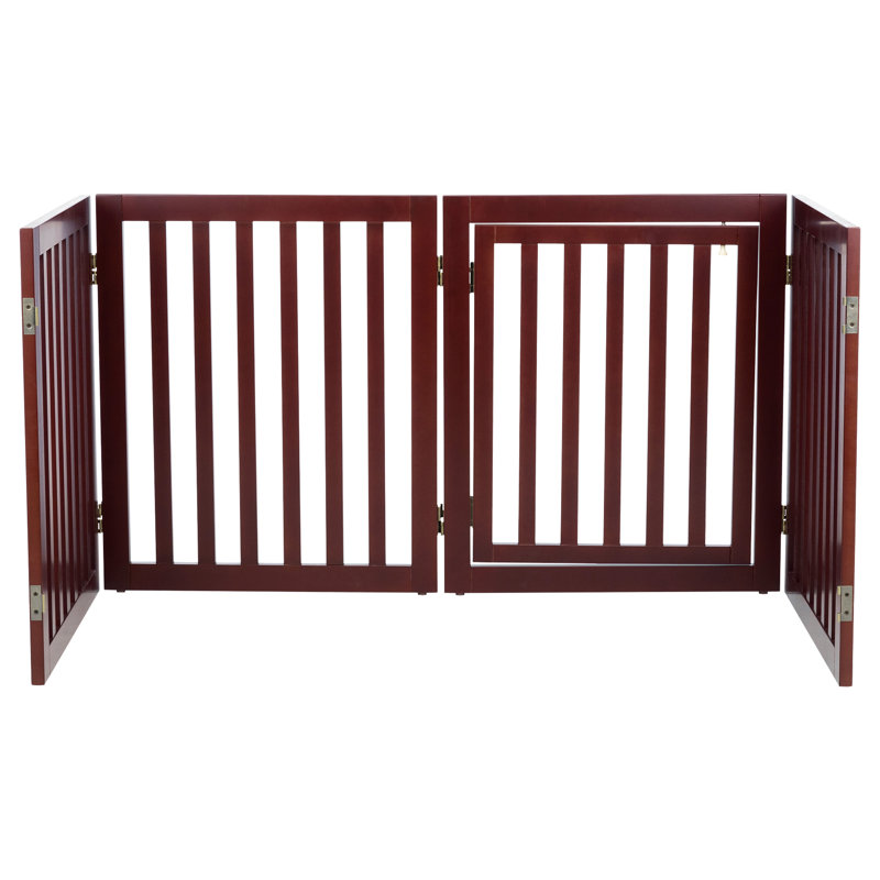 Brown Freestanding 4-Panel Wooden Pet Gate with Door