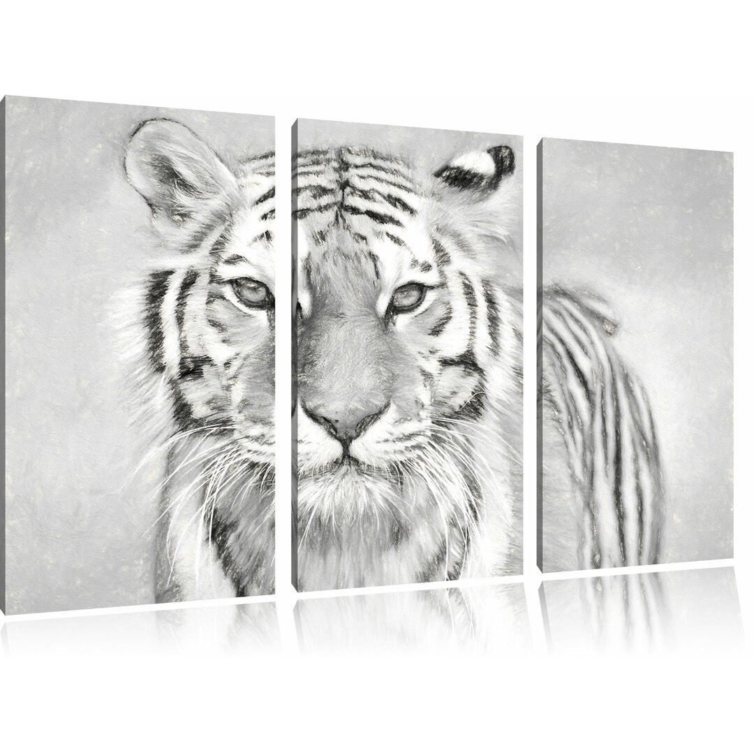 3-tlg. Leinwandbild-Set „Anmutiger Tiger in Schwarz/Weiß“, Kunstdruck