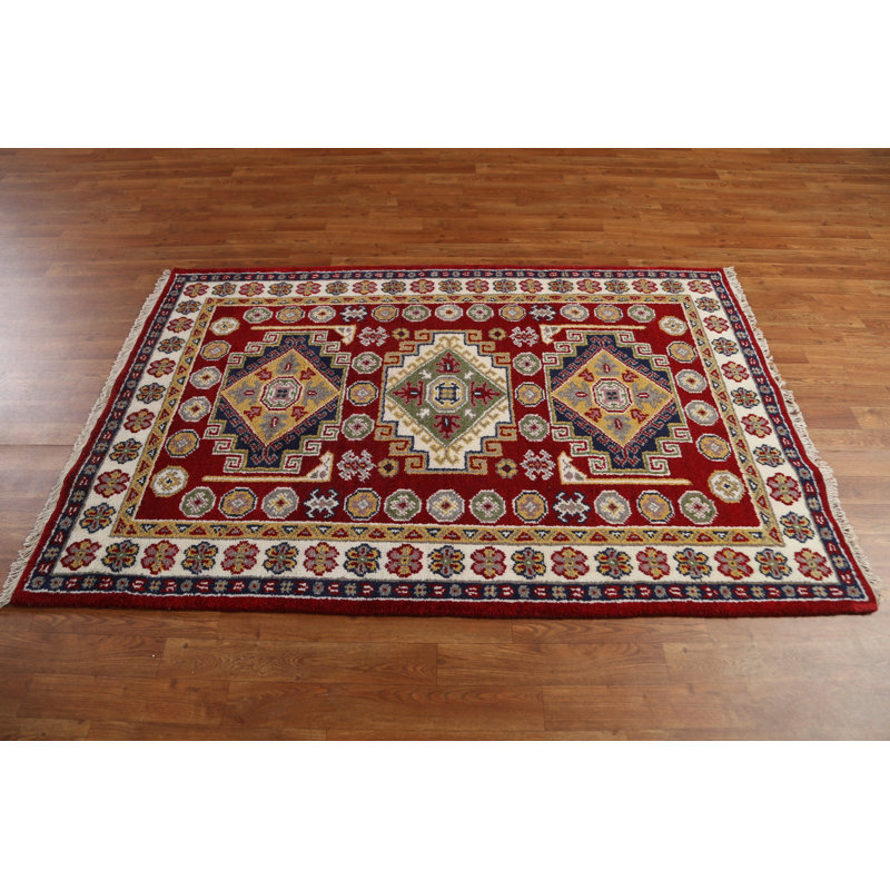 Tapis rouge Kazak en laine rouge noué à la main